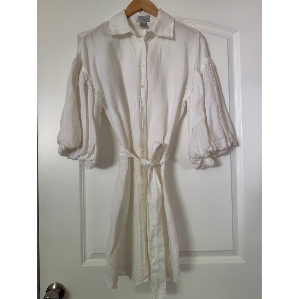 Vintage Spiegel White 100% Linen Balloon Sleeve Shirt Dress  - Size 6